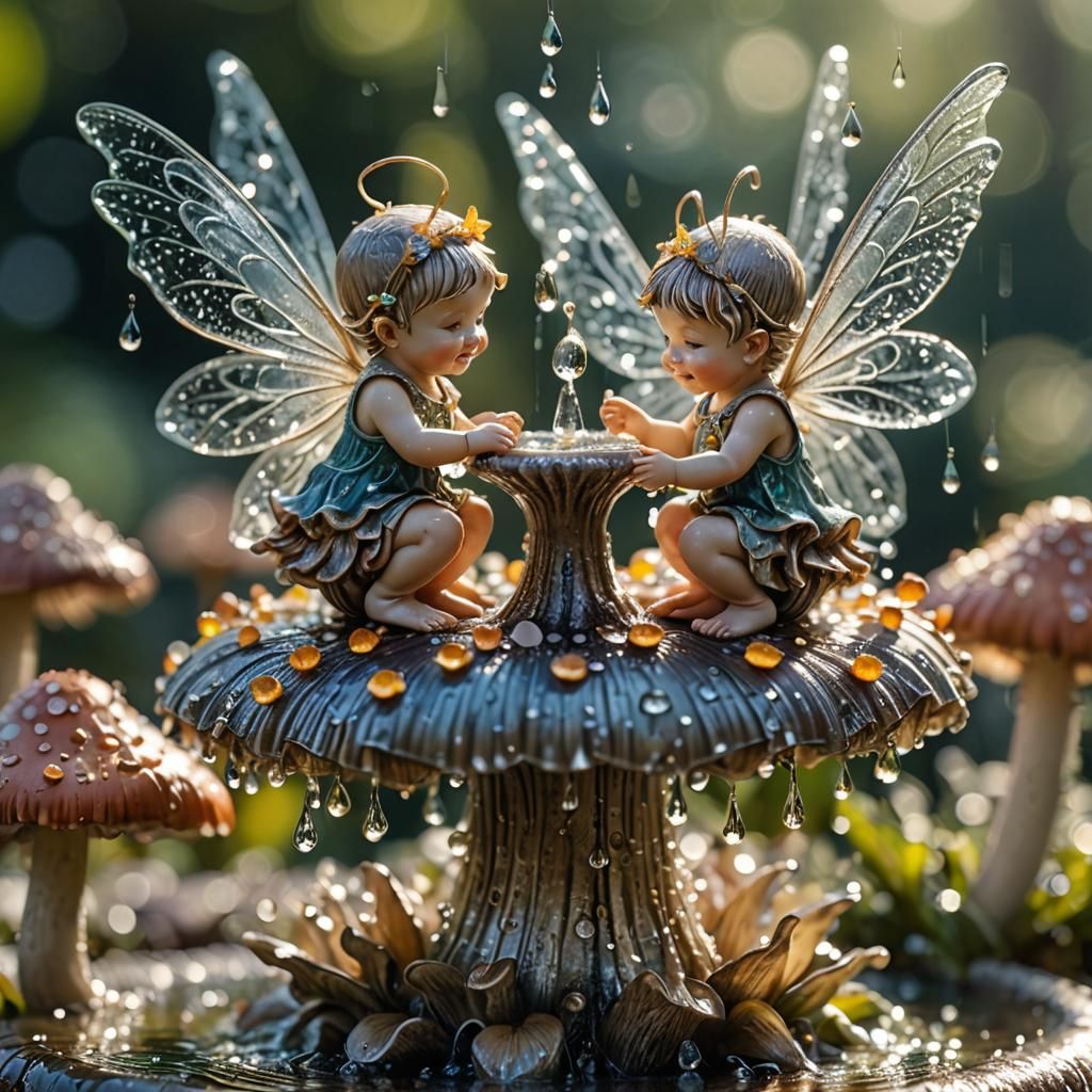 Macro Photograph of Baby Fairies Dancing on Mushroom