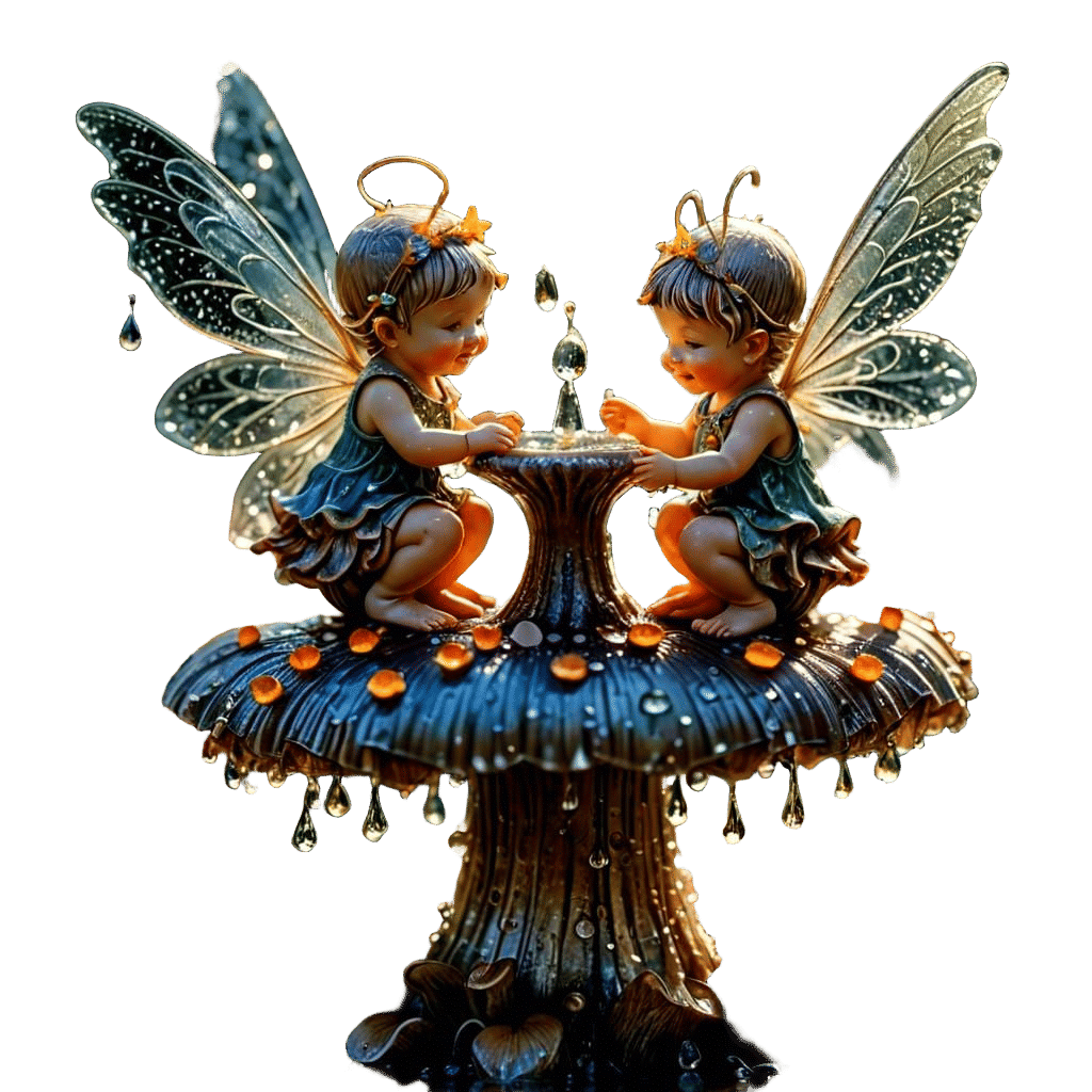 Happy Baby Fairies Dancing on Mushroom Fountain