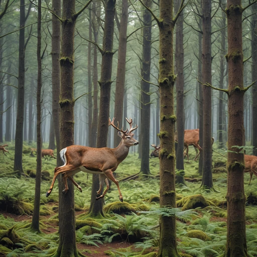 Deer Hopping in a Majestic Forest