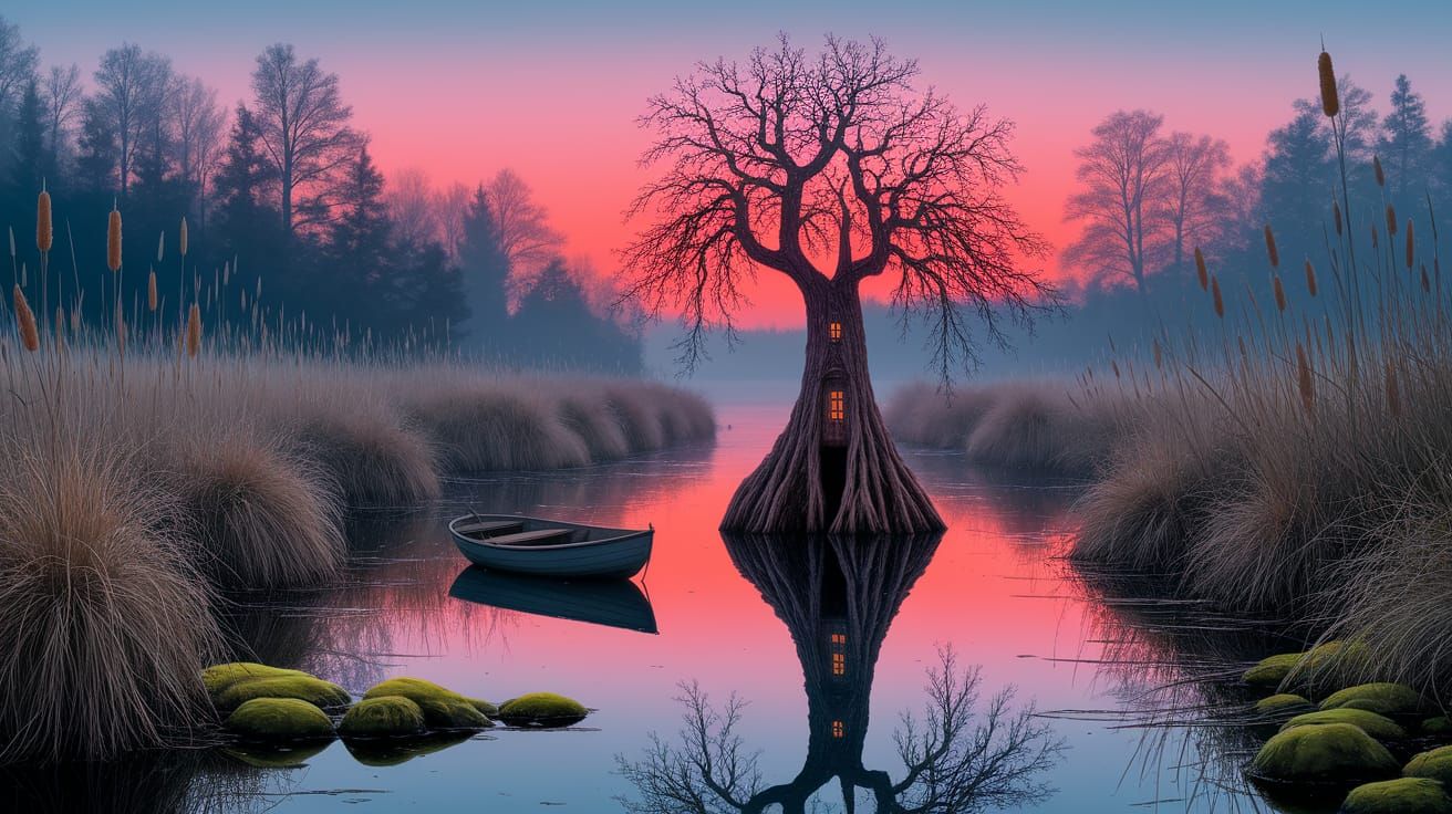 Weeping Willow Tree at Red Haze Swamp Sunset