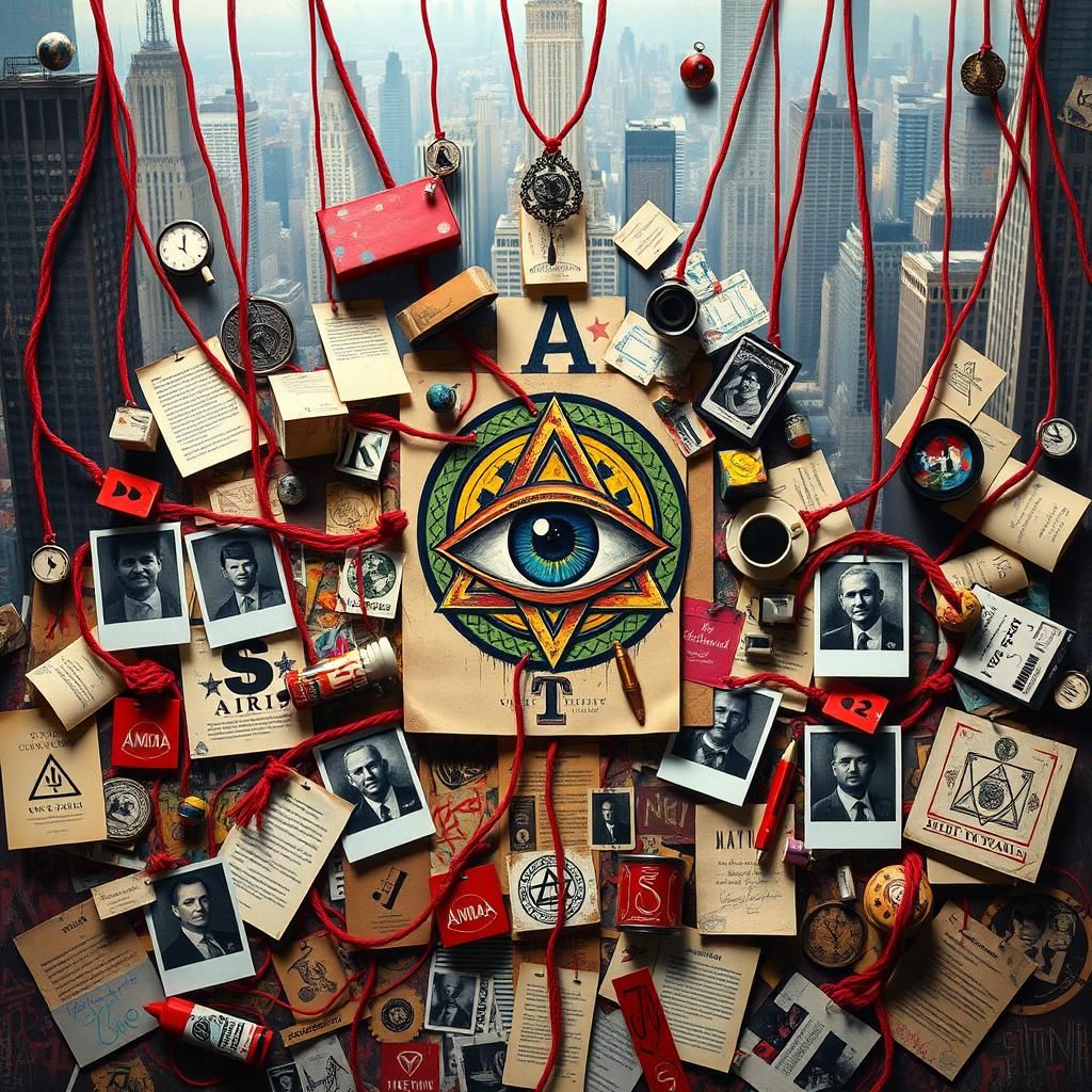 A conspiracy board filled with photographs, red strings, and...