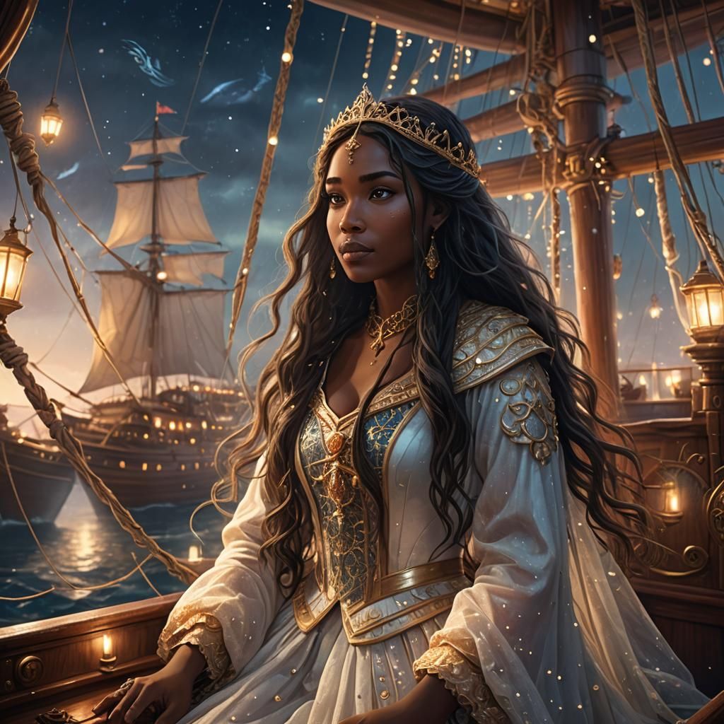 Magical Princess on a Sailing Vessel at Night