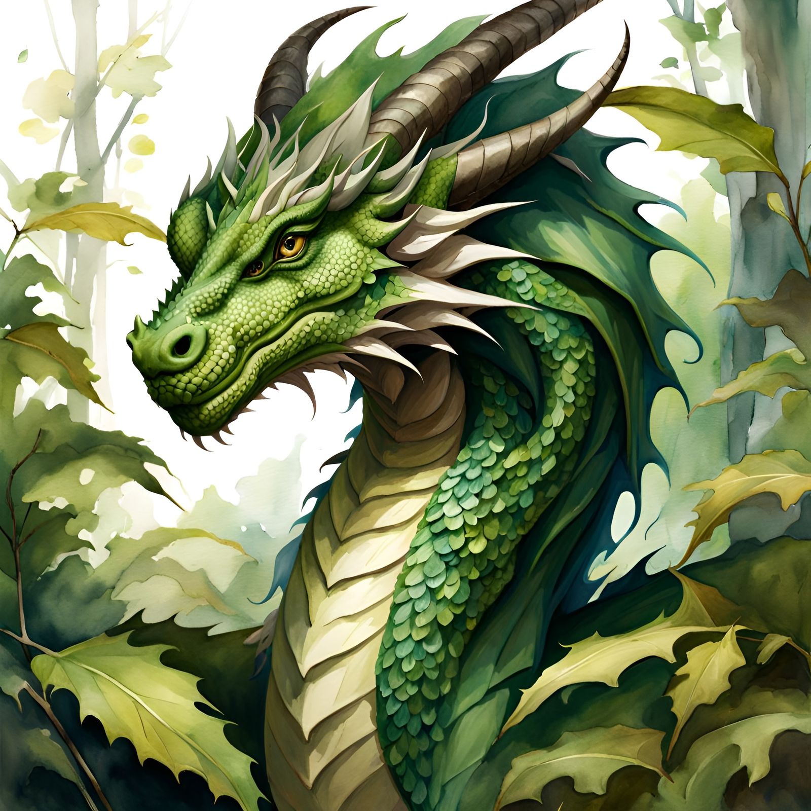 Lush Green Dragon in Watercolor Gouache Style