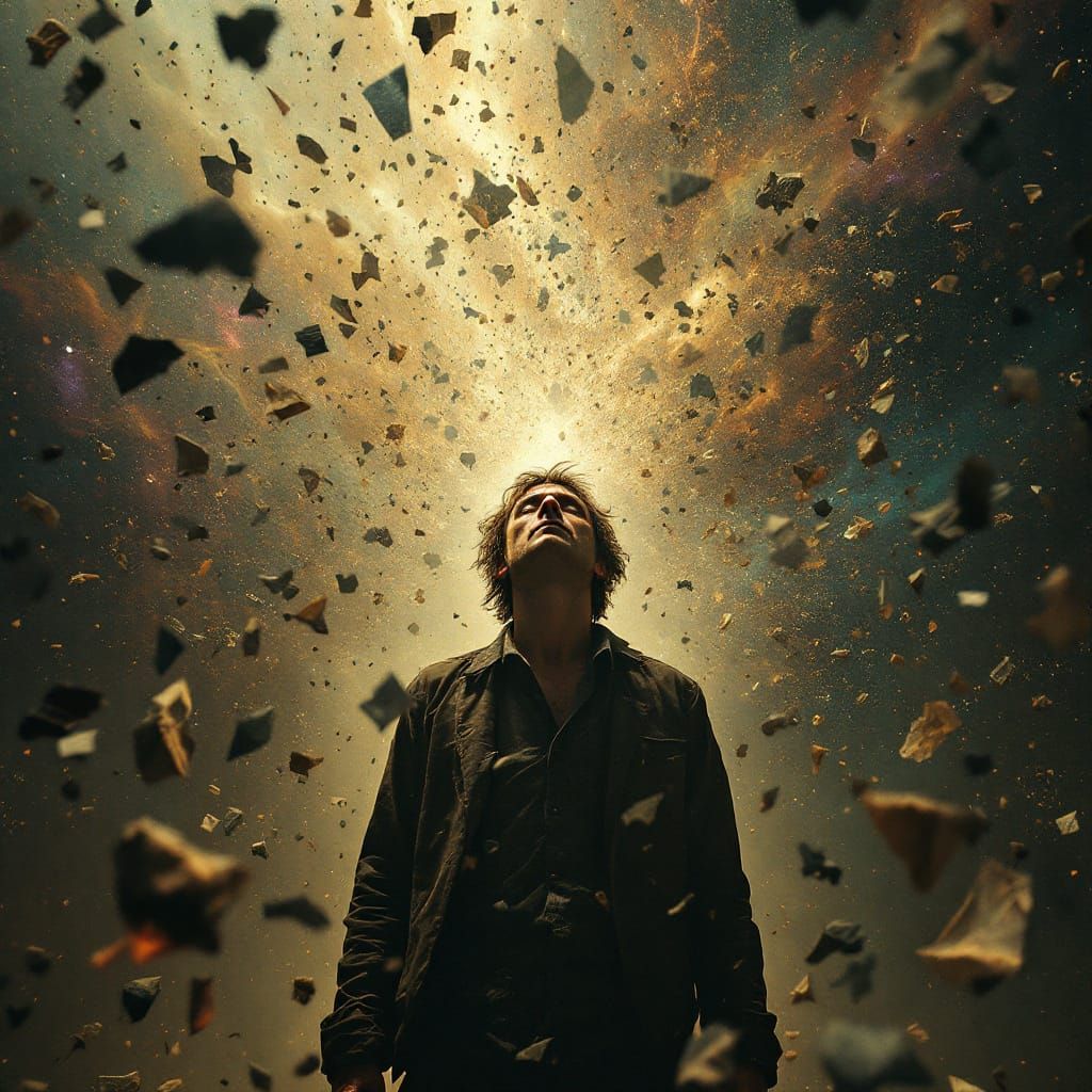 Man in Fragmented Reality: Cinematic Chaos