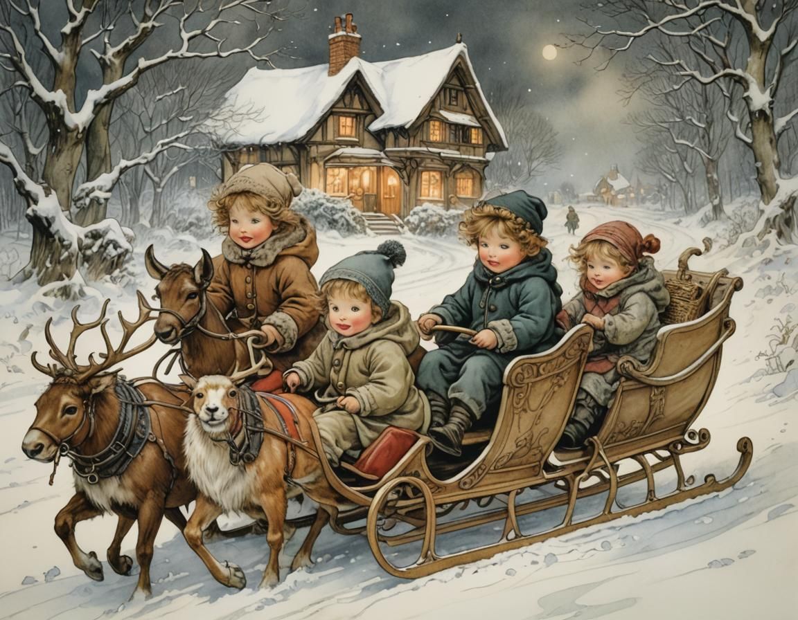 Toddler Siblings Sleigh Ride in Winter Snow