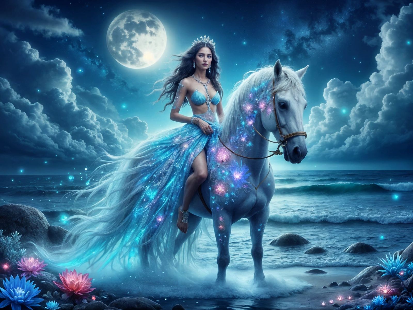 Woman Rides Horse on Moonlit Shoreline in Botanical Fantasy ...