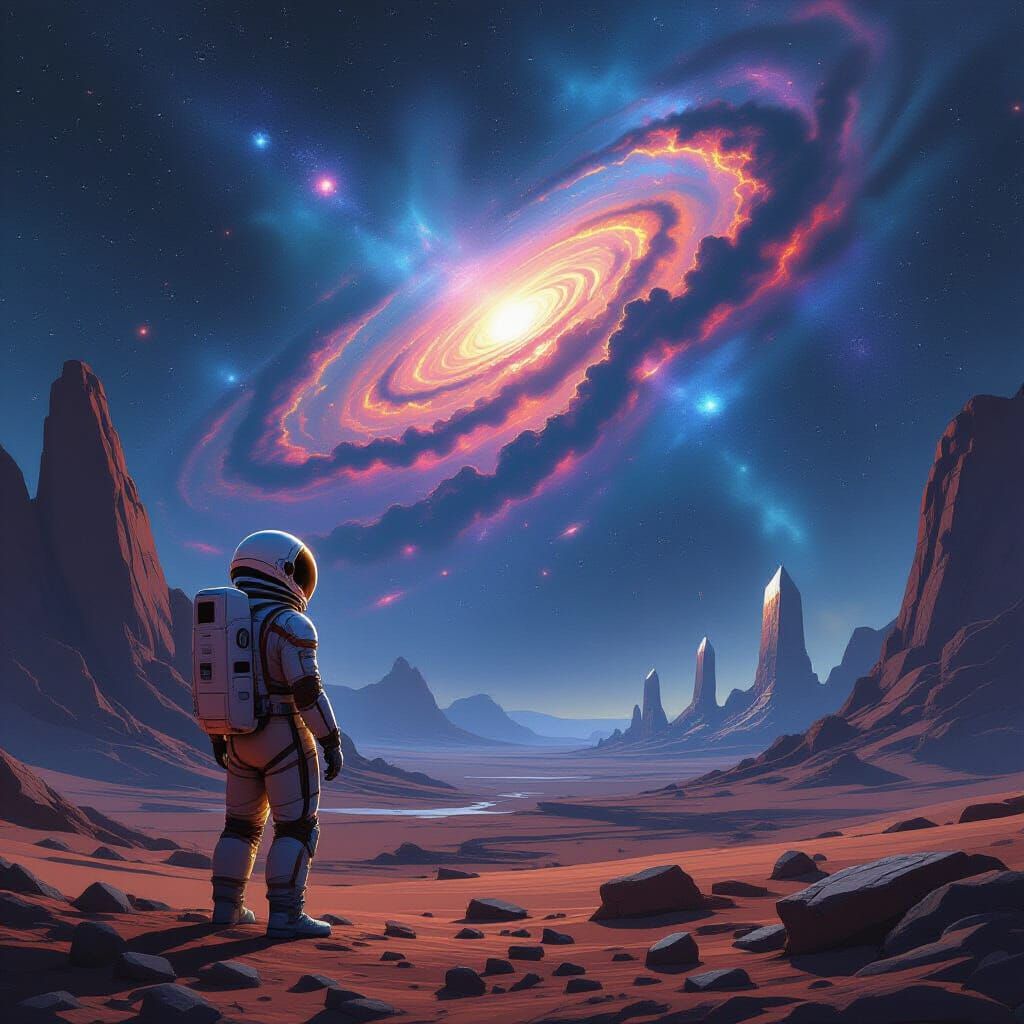 Astronaut on Alien Planet Gazing at Nebula