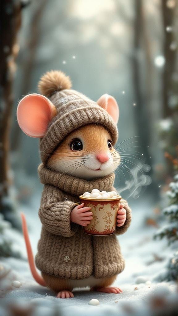 Cute Mouse with Hot Chocolate in Snowy Woods