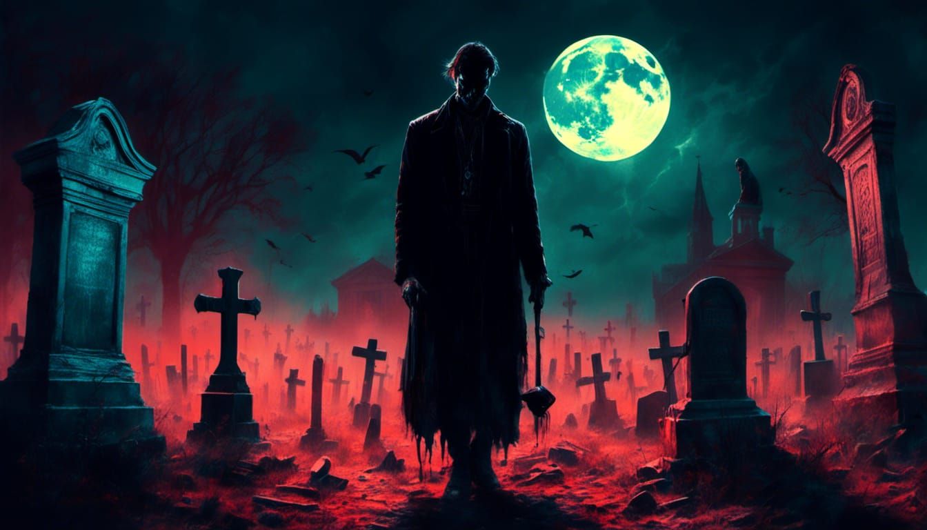 Priest's Shadow Wanders Cemetery at Night