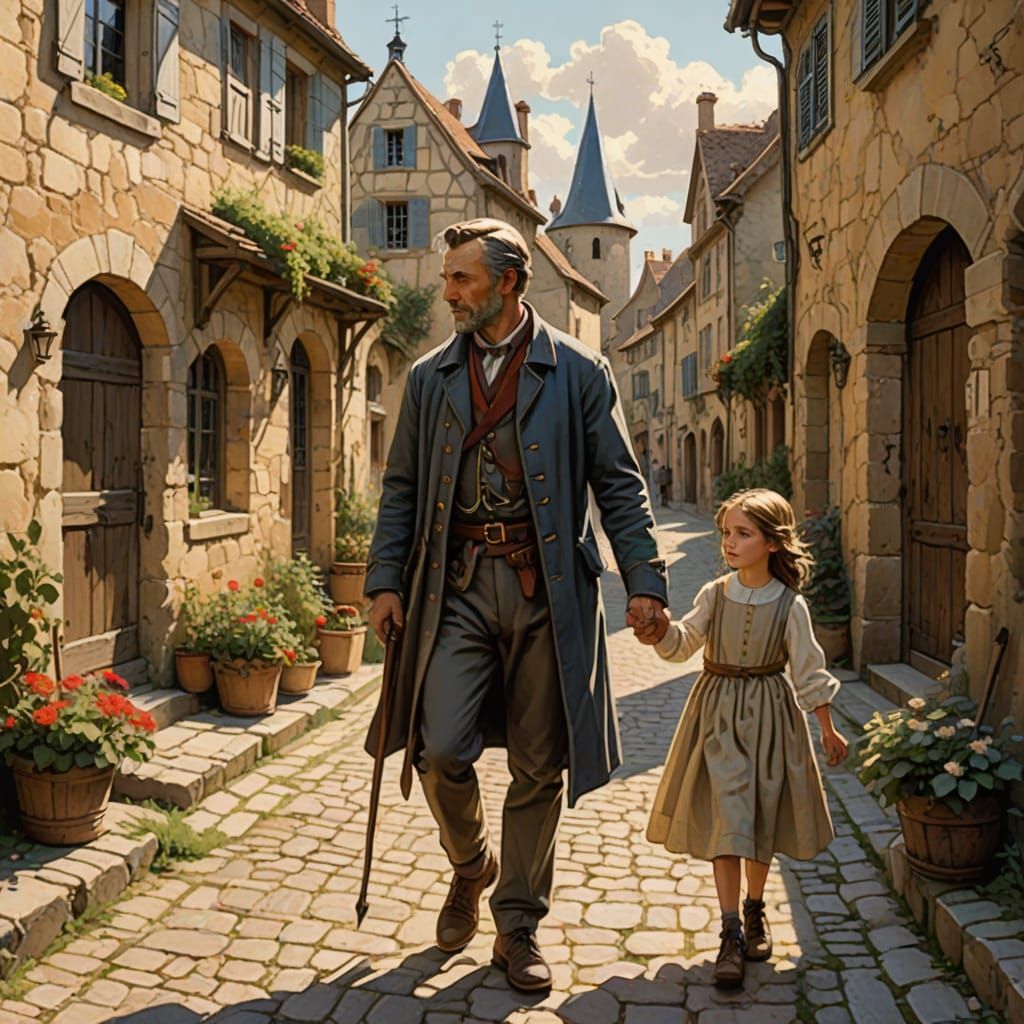 Father and Daughter in Medieval Village