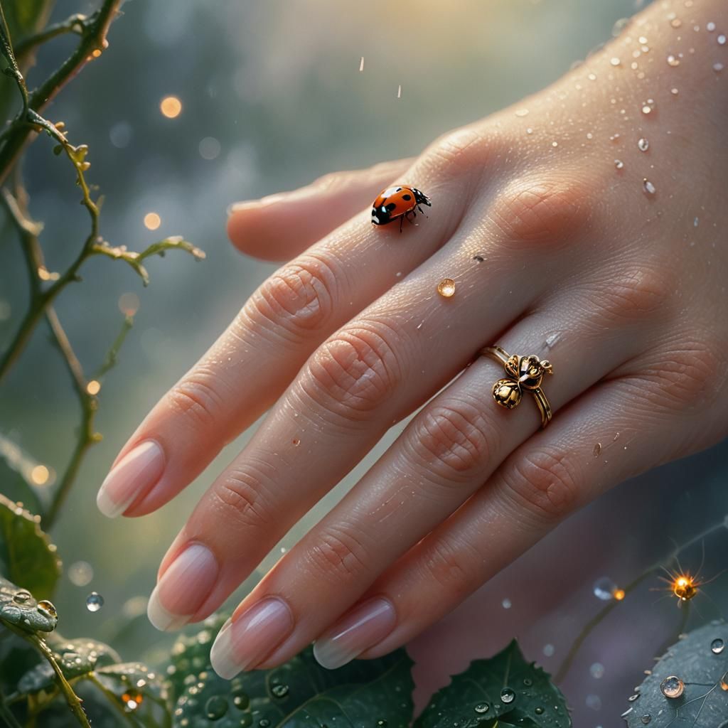 Ladybug on Finger in Ethereal Painterly Style
