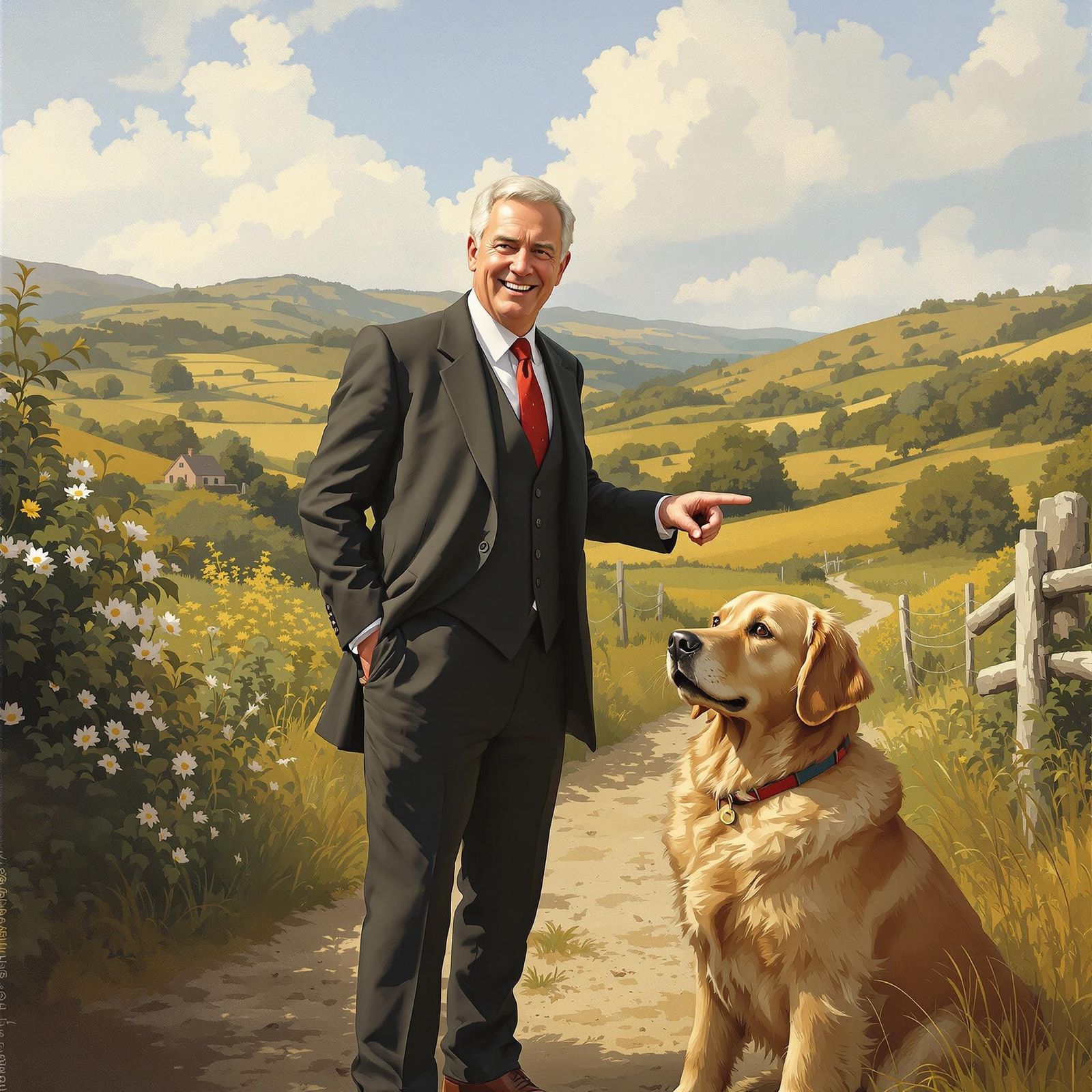 Welsh Politician and Golden Retriever in Countryside