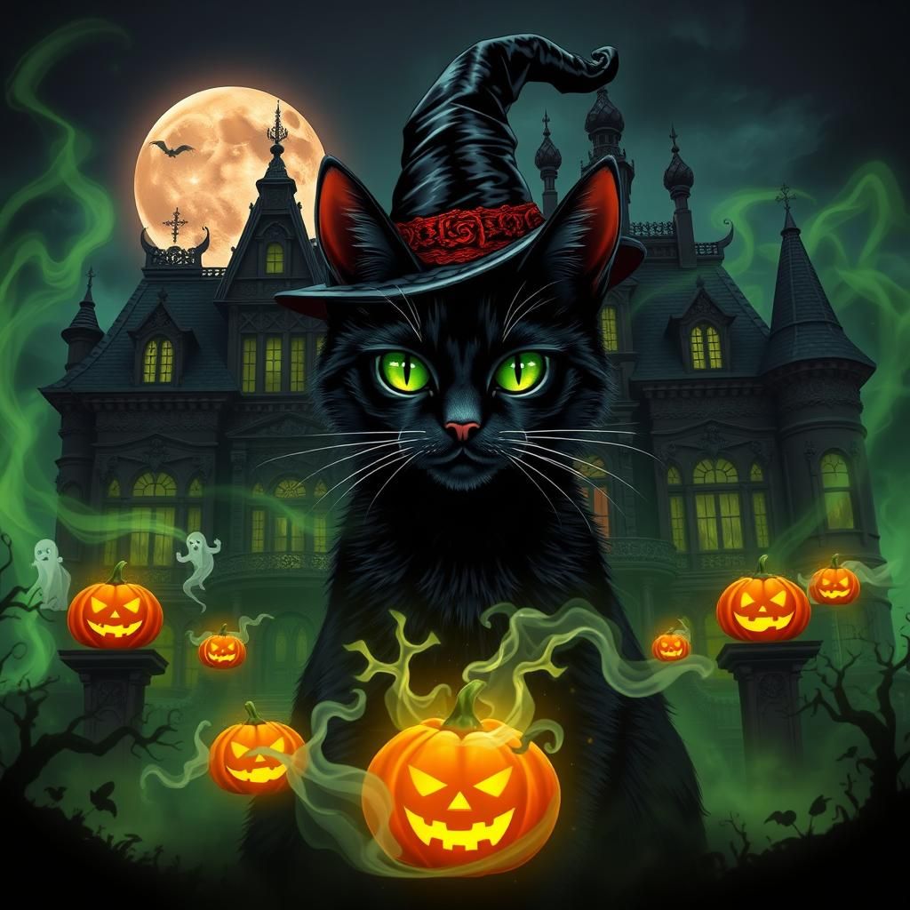 Black Cat Witch in Haunted Halloween Scene