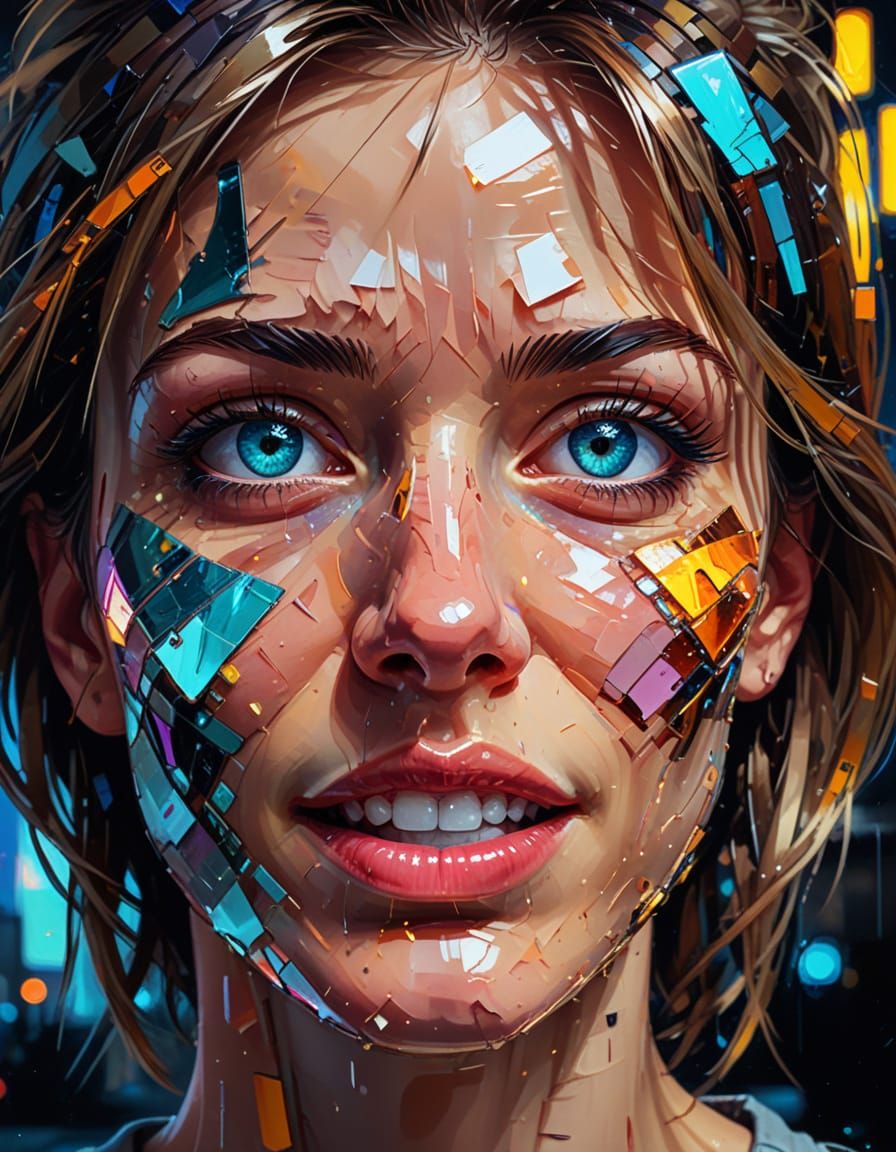 Glitch Portrait: Fractured Face in Neon Cityscape