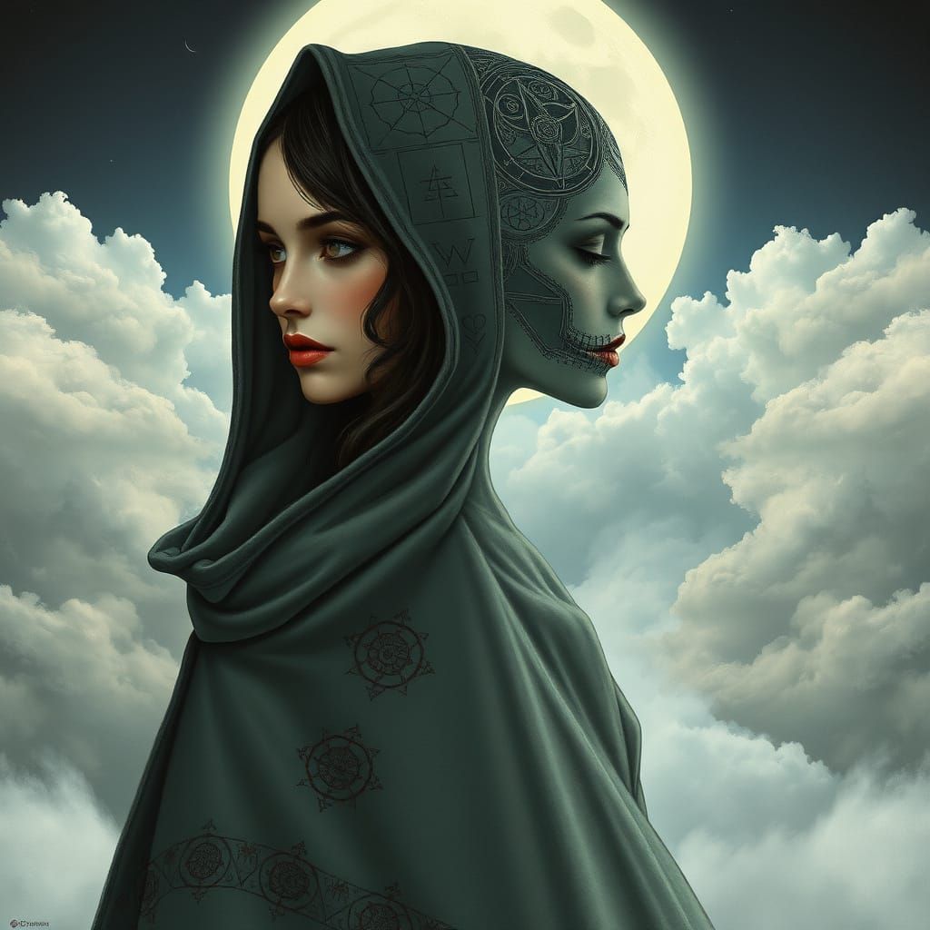 Mysterious Femme with Dual Faces in Surrealist Dreamscapes