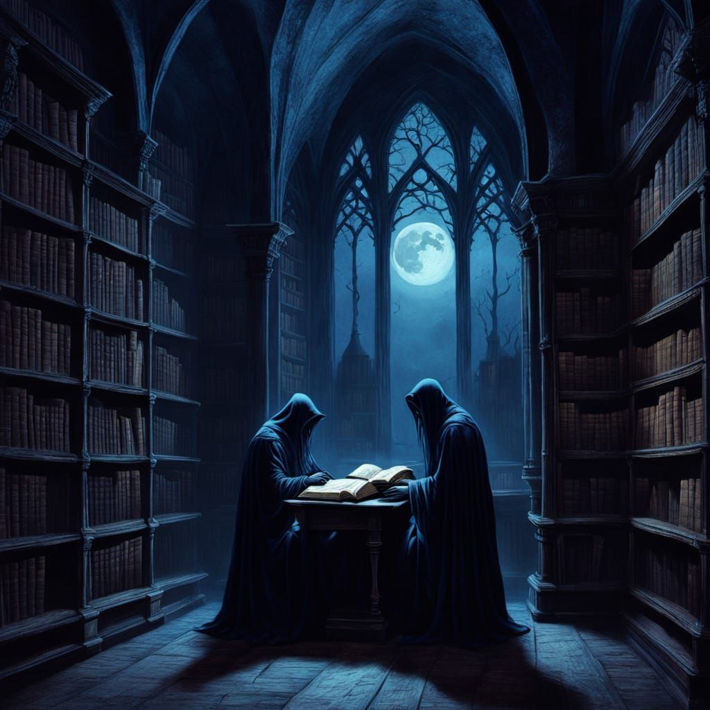 Haunted Gothic Library with Spectral Figures in Dark Art