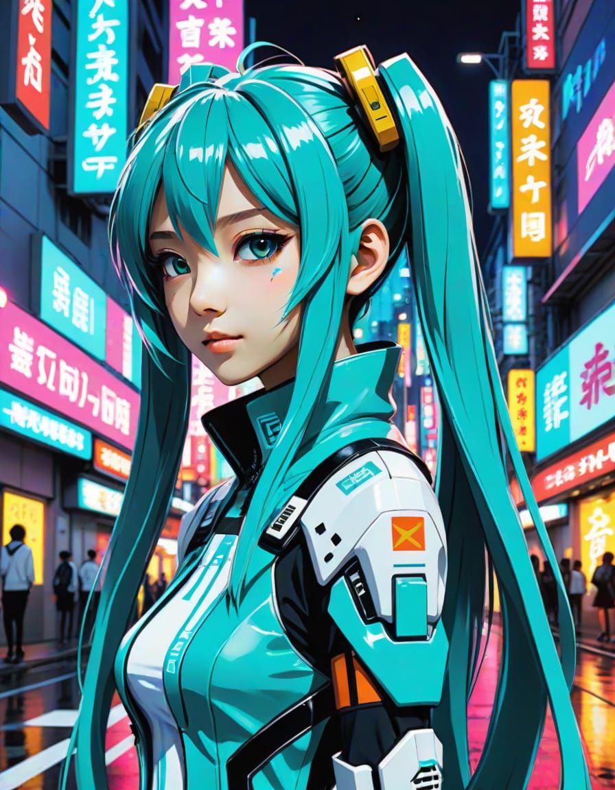 Neon Goddess: Hatsune Miku in Vibrant City Night