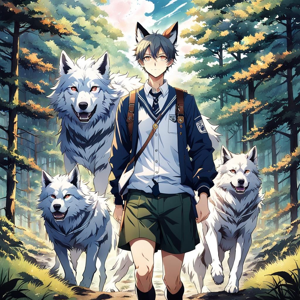Anime Boy with Wolf Ears in Wilderness