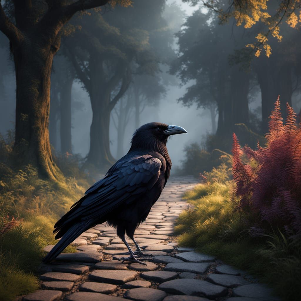 Mysterious Raven Majestically Standing on Cobblestone Road i...