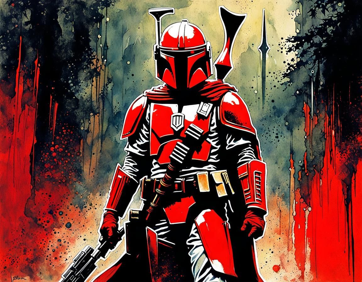 Red Mandalorian Warrior in 70s Sci-Fi Style