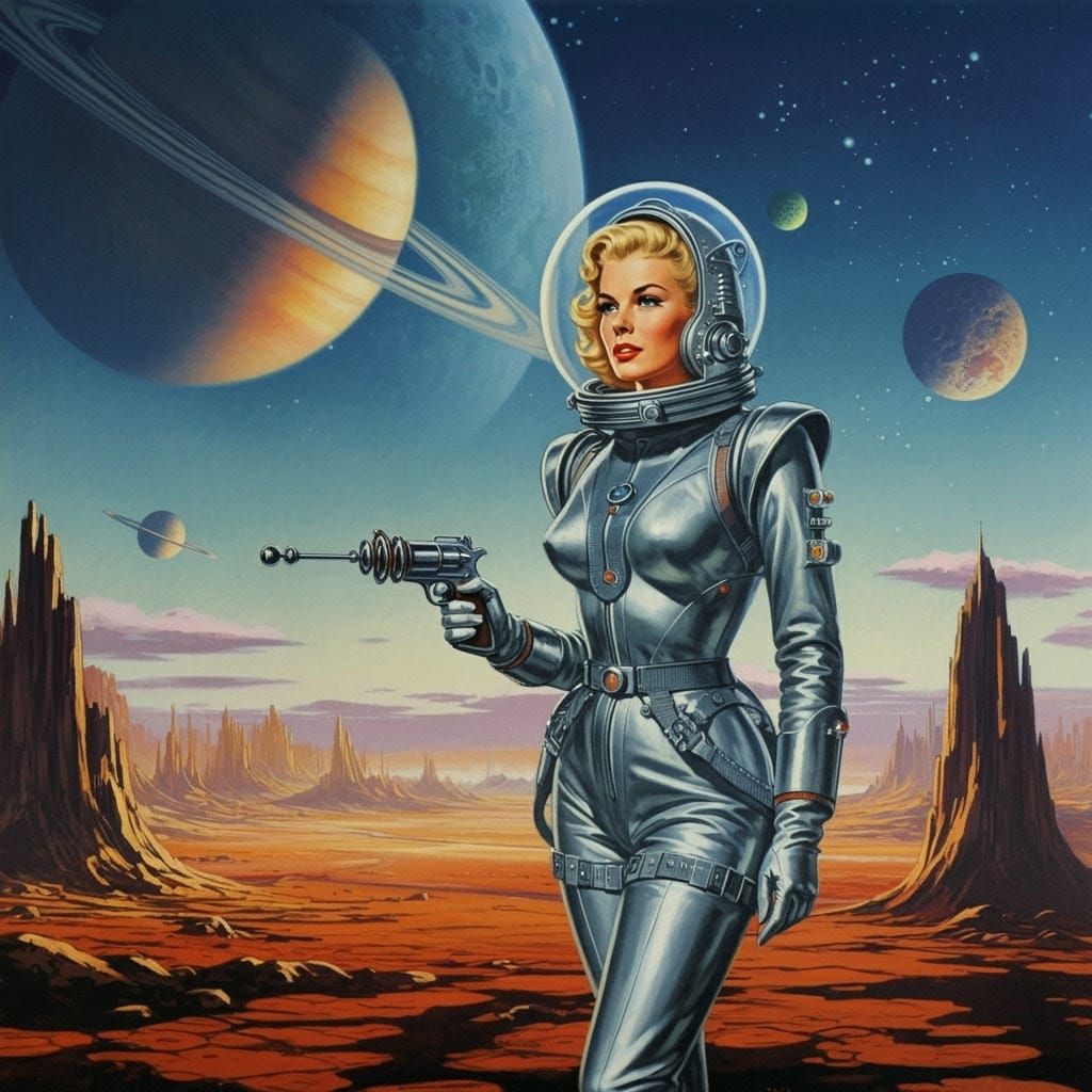 Retro Sci-Fi Blond Woman with Ray Gun