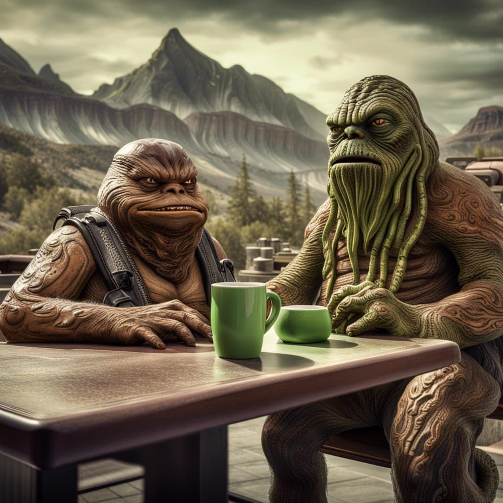 Jabba, Chewbacca, and Cthulhu at Coffee Shop