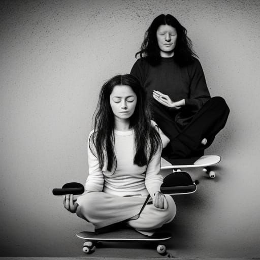 Meditators on Skateboards: Black and White Linocut