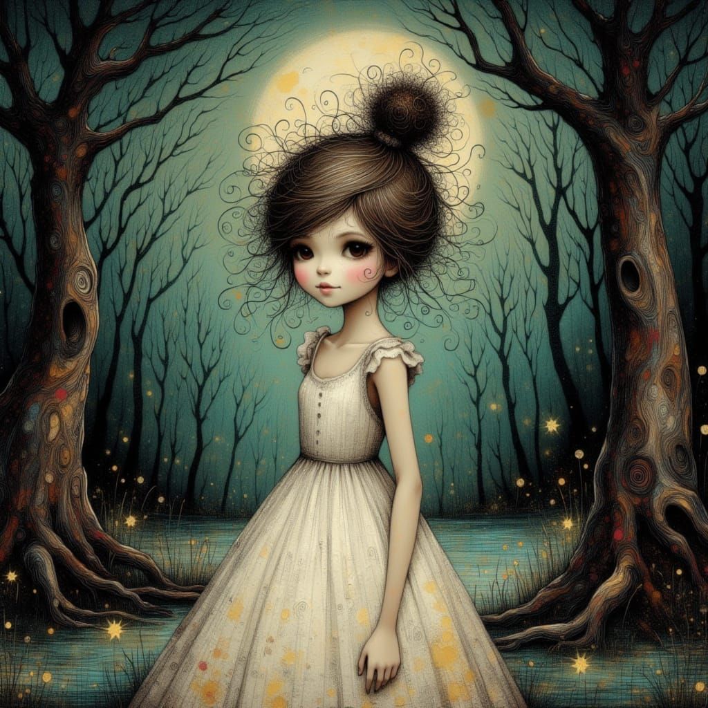 Girl in Moonlit Forest, Whimsical Illustration