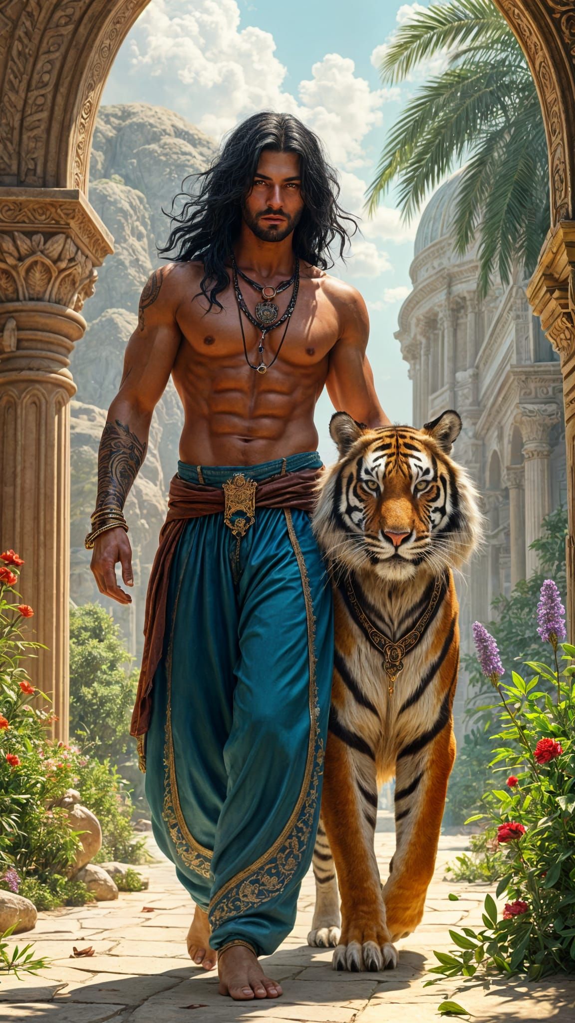 Epic Fantasy Sultan Unleashes Majestic Tiger in Arabian Pala...