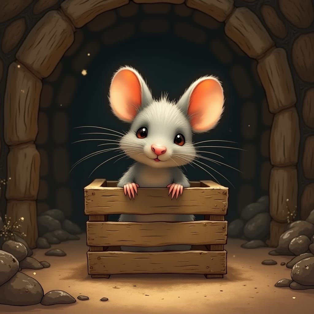 Mouse in Attic, Whimsical Hand-Drawn Illustration