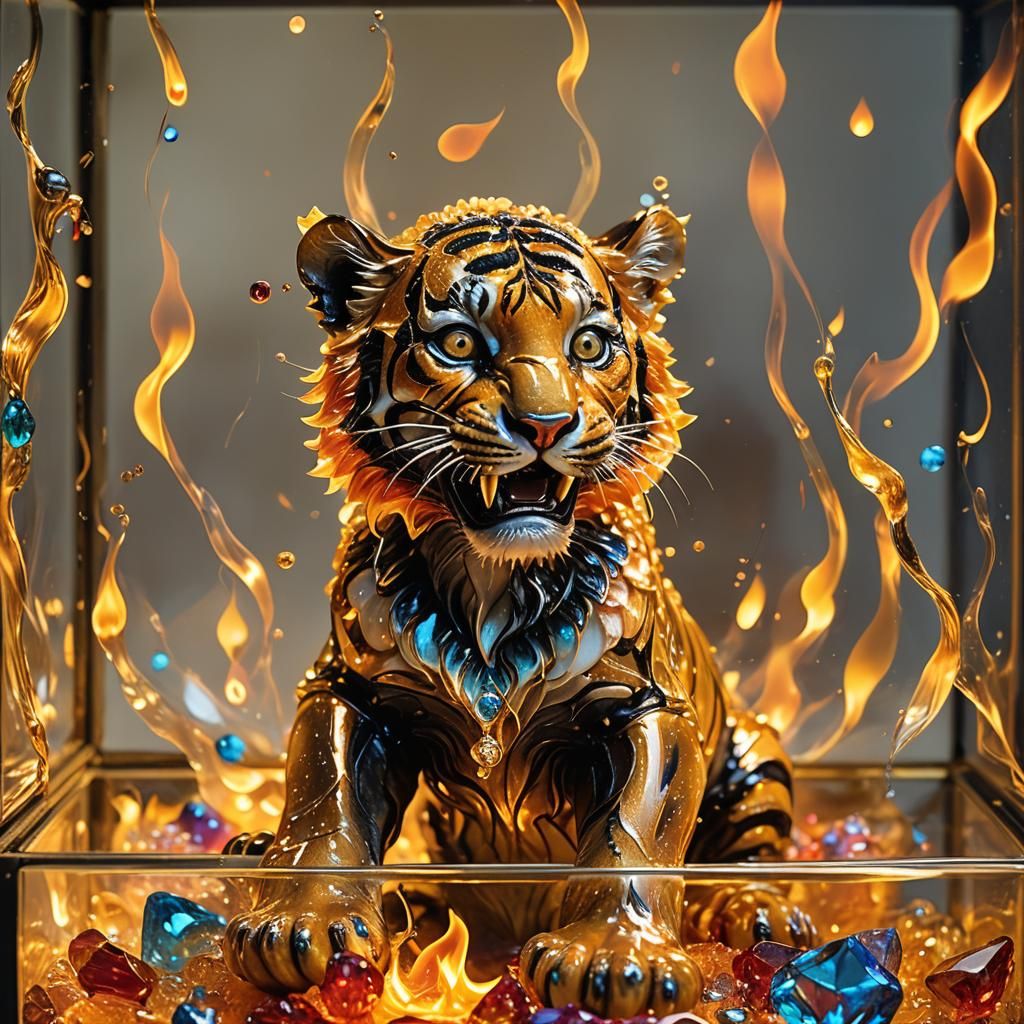 Fiery Glass Tiger in Surrealist Jewelry Box