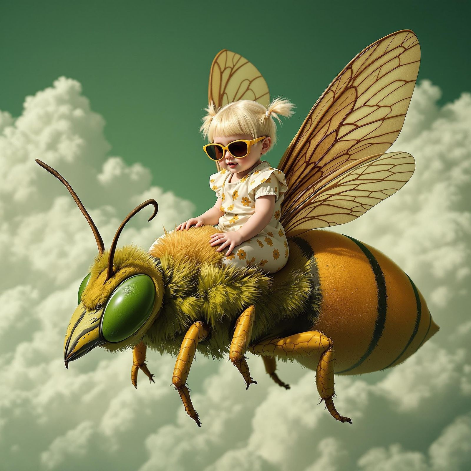 Toddler with Wings Riding Giant Bee Above Clouds
