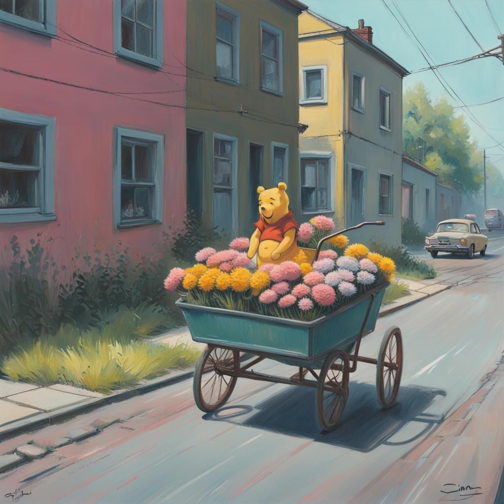 Winnie the Pooh in Cityscape, Stålenhag Style