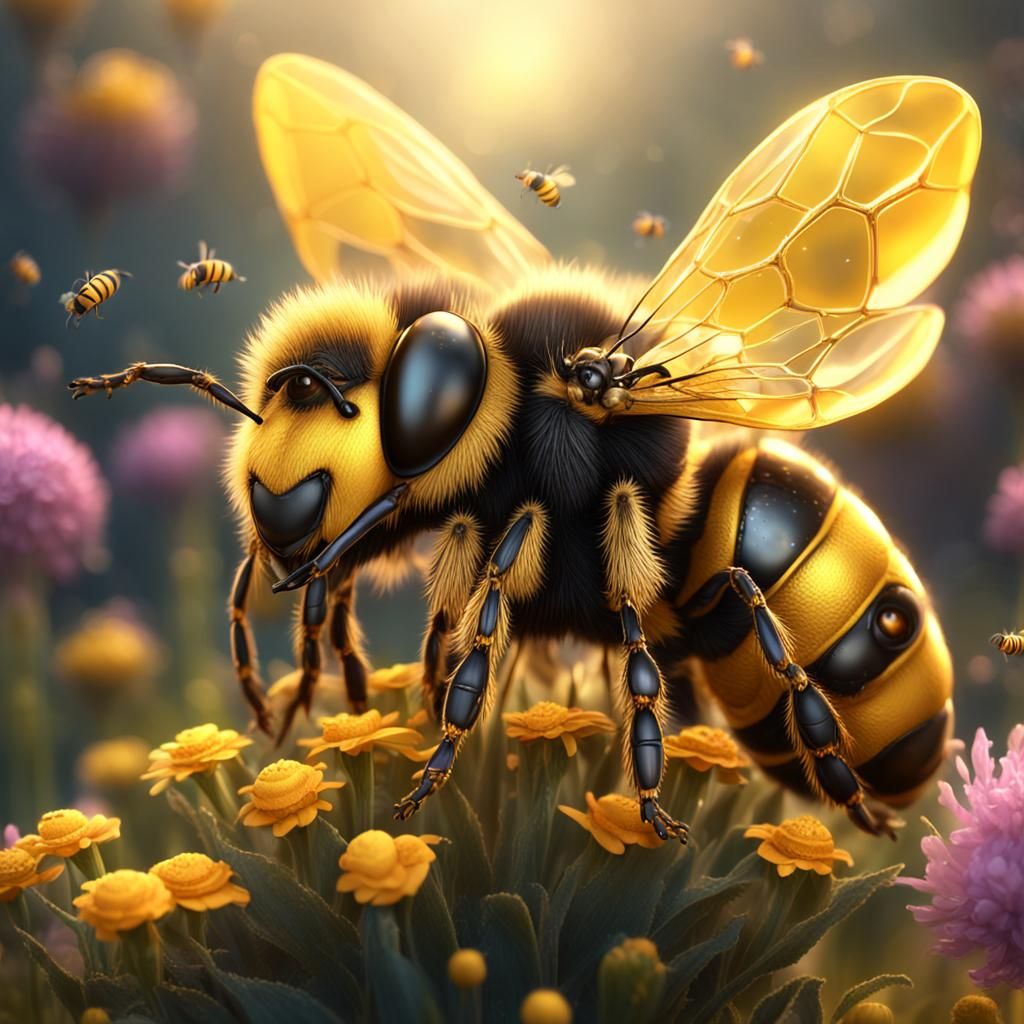 Cute Honeybee Fairy in Golden Fantasy Landscape