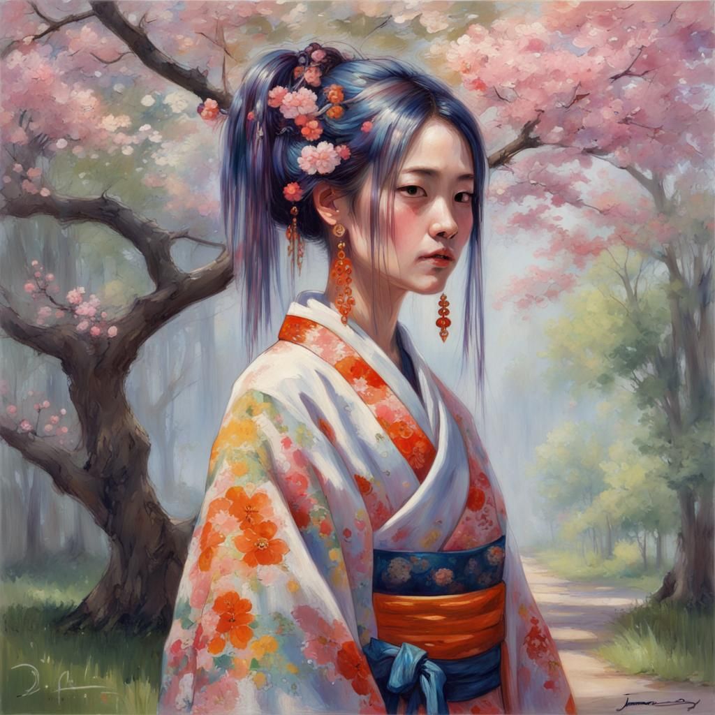 Rainbow Kimono Girl in Nature, Oil Painting Style