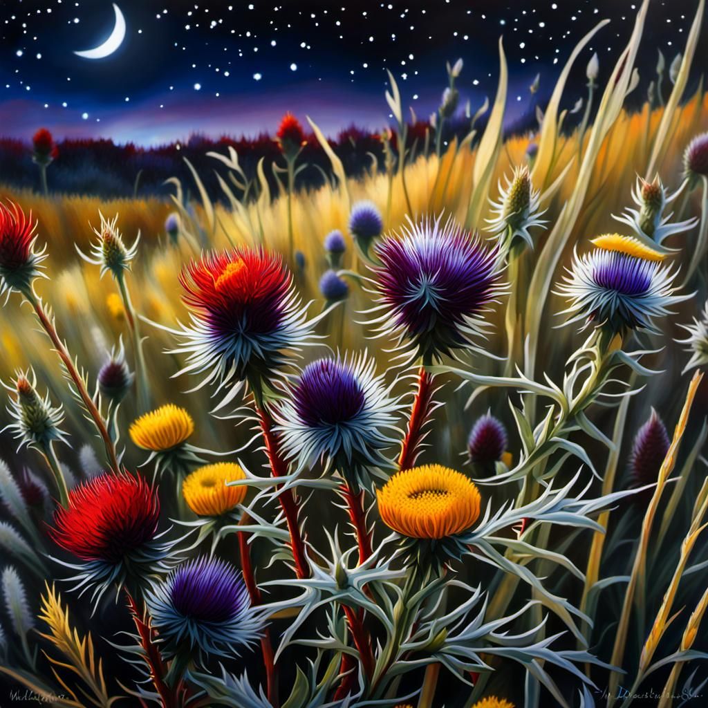 Moonlit Thistle Meadow: Hyperrealistic Surrealist Watercolor