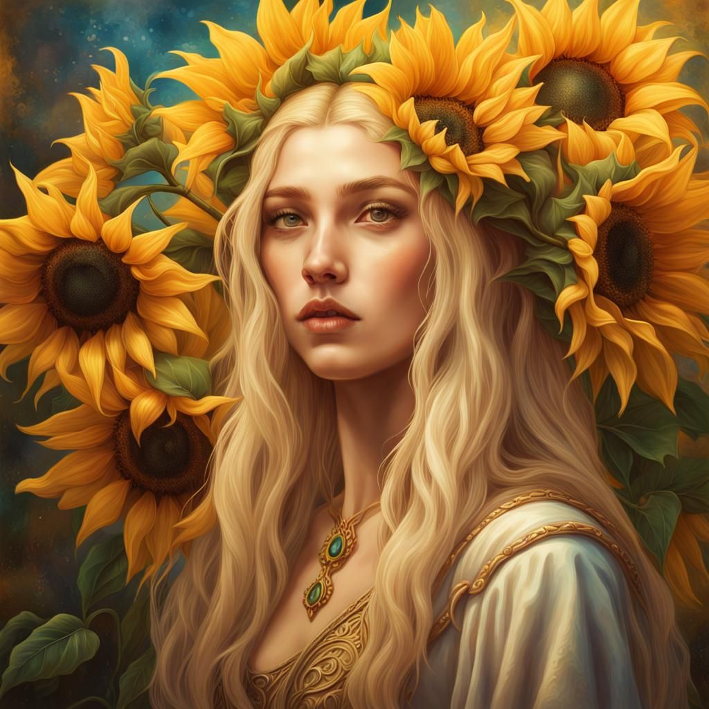 Enchanting Elf with Sunflowers in Pre-Raphaelite Style