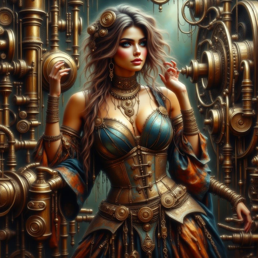 <lora:Beautiful women:1.0> <lora:Steampunk World:1.0> Seampunk a Beautiful woman wearing a metal gown preparing to be in...