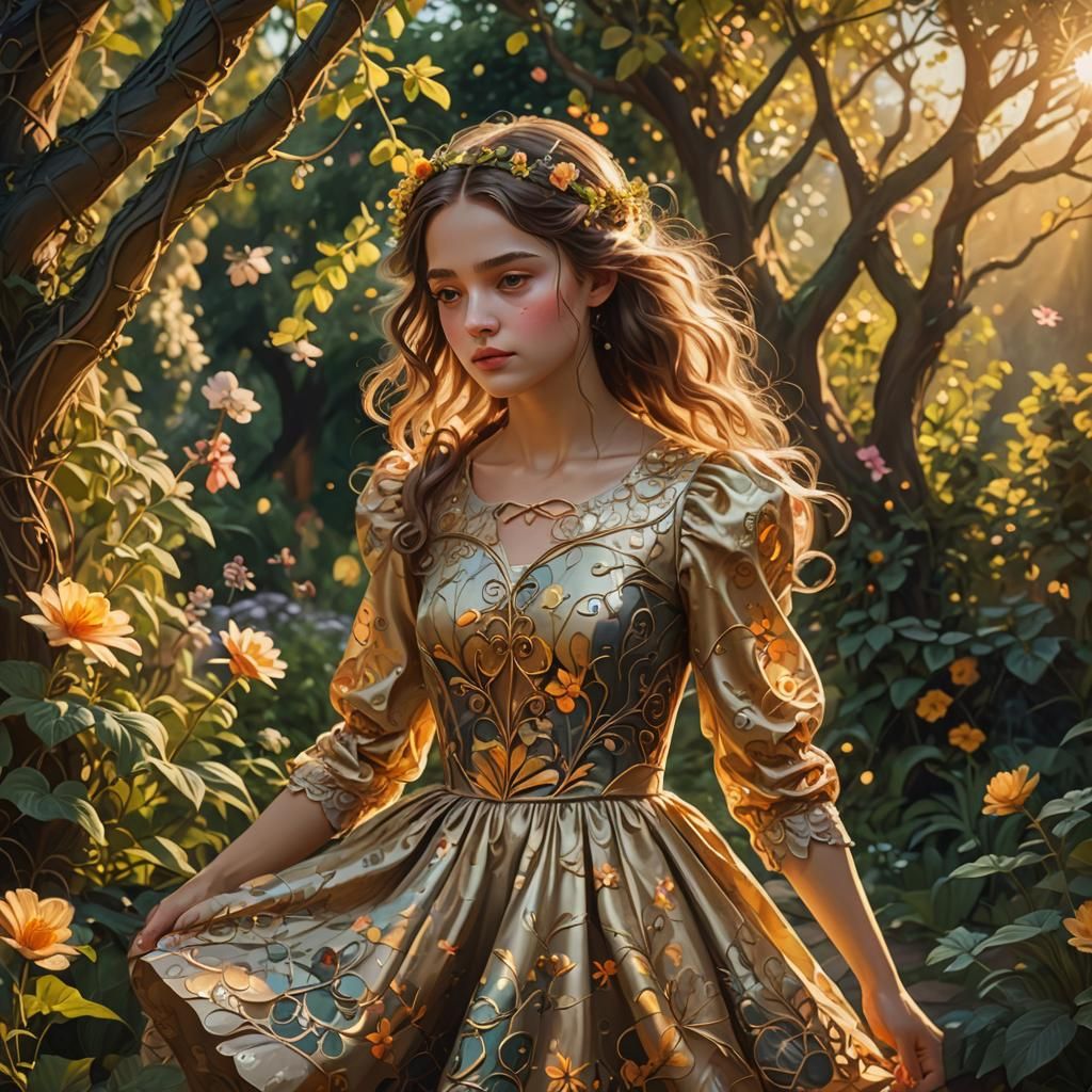 Enchanting Girl in Garden: Whimsical Digital Art