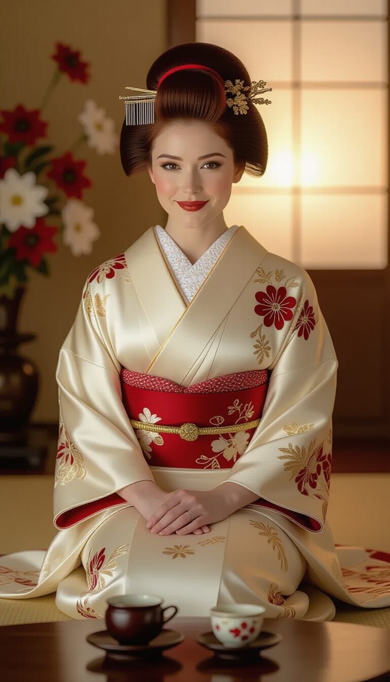 Elegant Woman with Burgundy Hair in Kimono