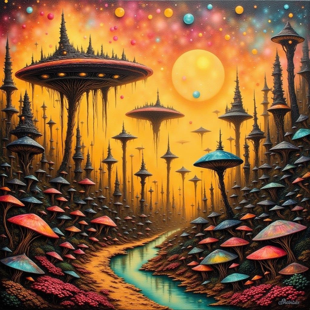 Surreal Alien Cityscape in Retro Cyberpunk Style