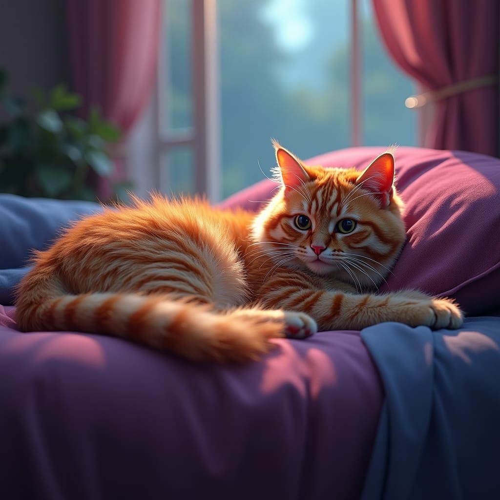 Ginger Cat on Pillow in Dreamlike Digital Art