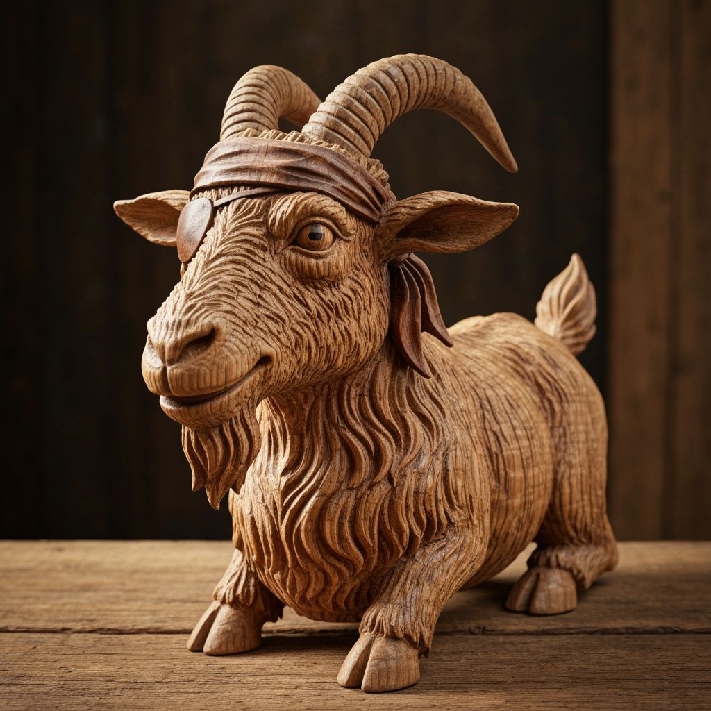 Detailed Wood Carving of a Playful Pirate Goat