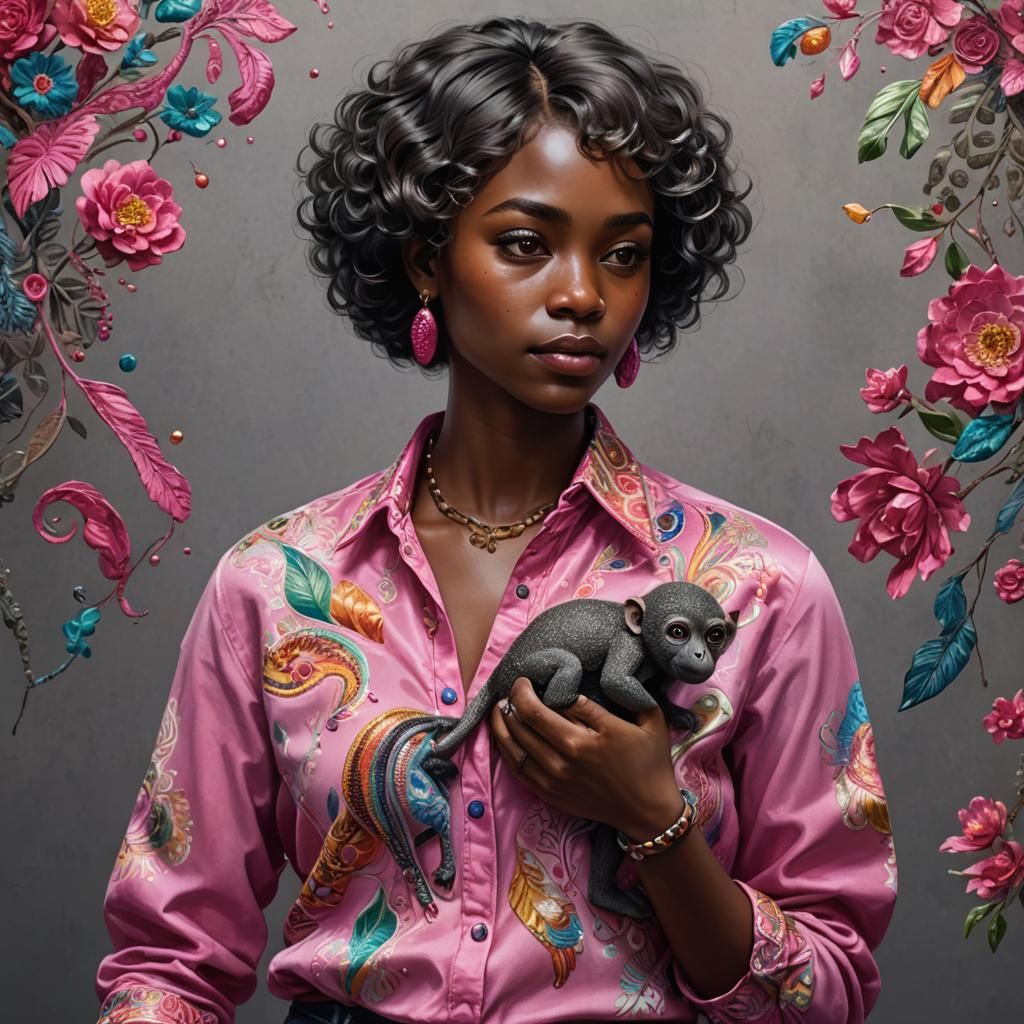 Woman with Monkey in Hyperrealistic Splash Art