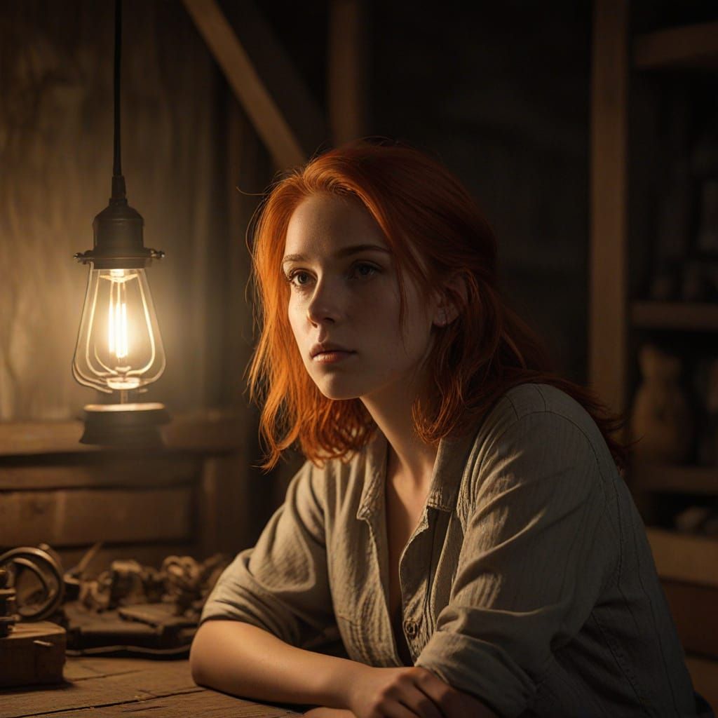 Lonely Red-Haired Woman in Dusty Attic at Night