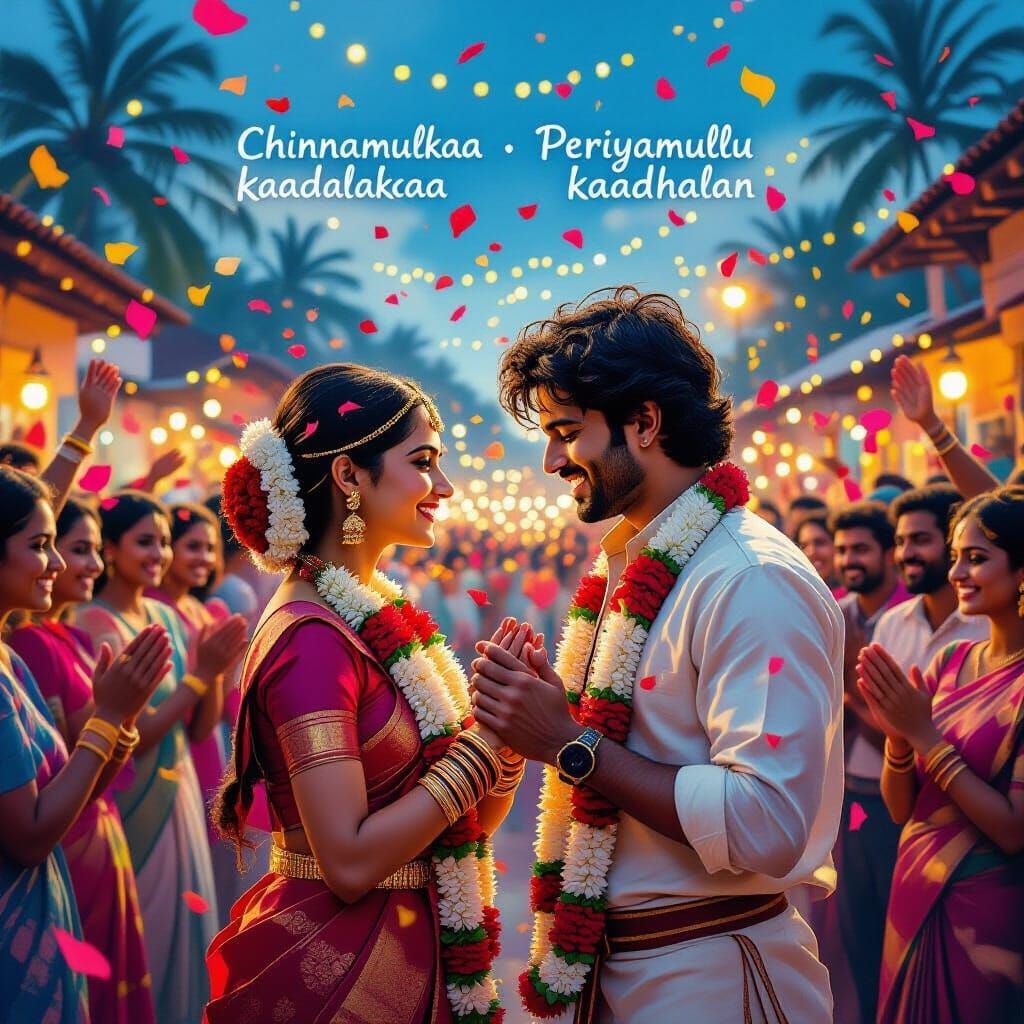 South Indian Festival Painting: Young Couple's Joyful Romanc...