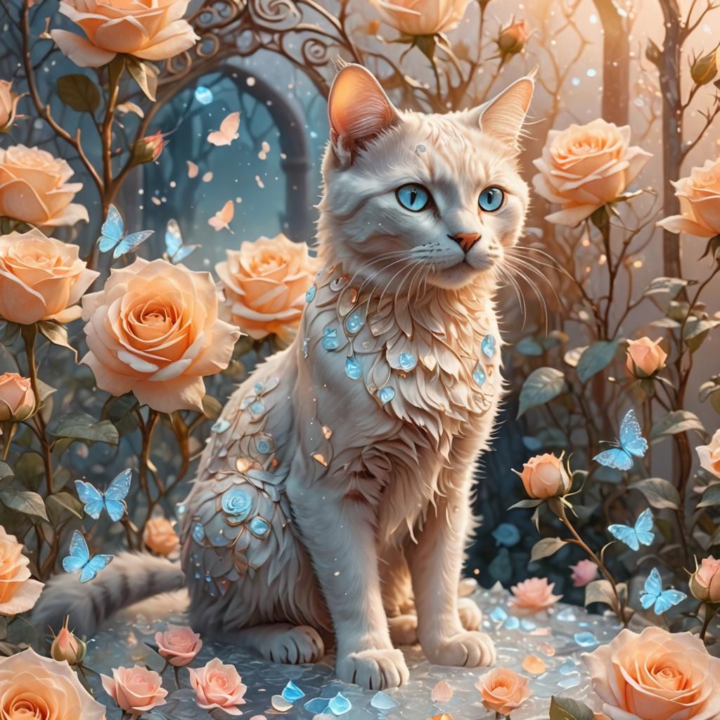Bioluminescent Cat in Ice Garden Digital Illustration