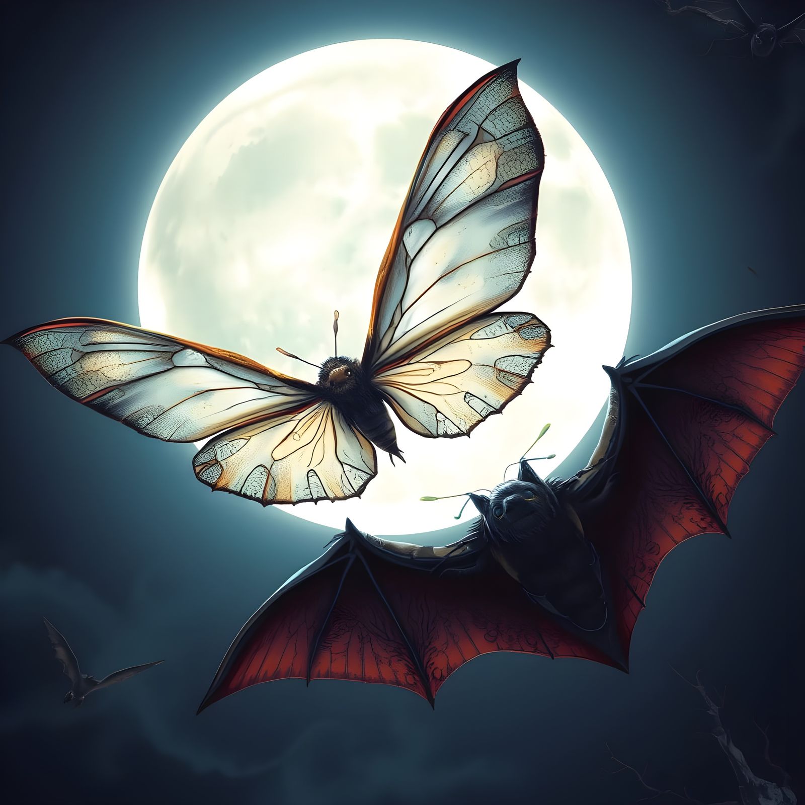 Bat and Moth Chase Silhouetted by Full Moon