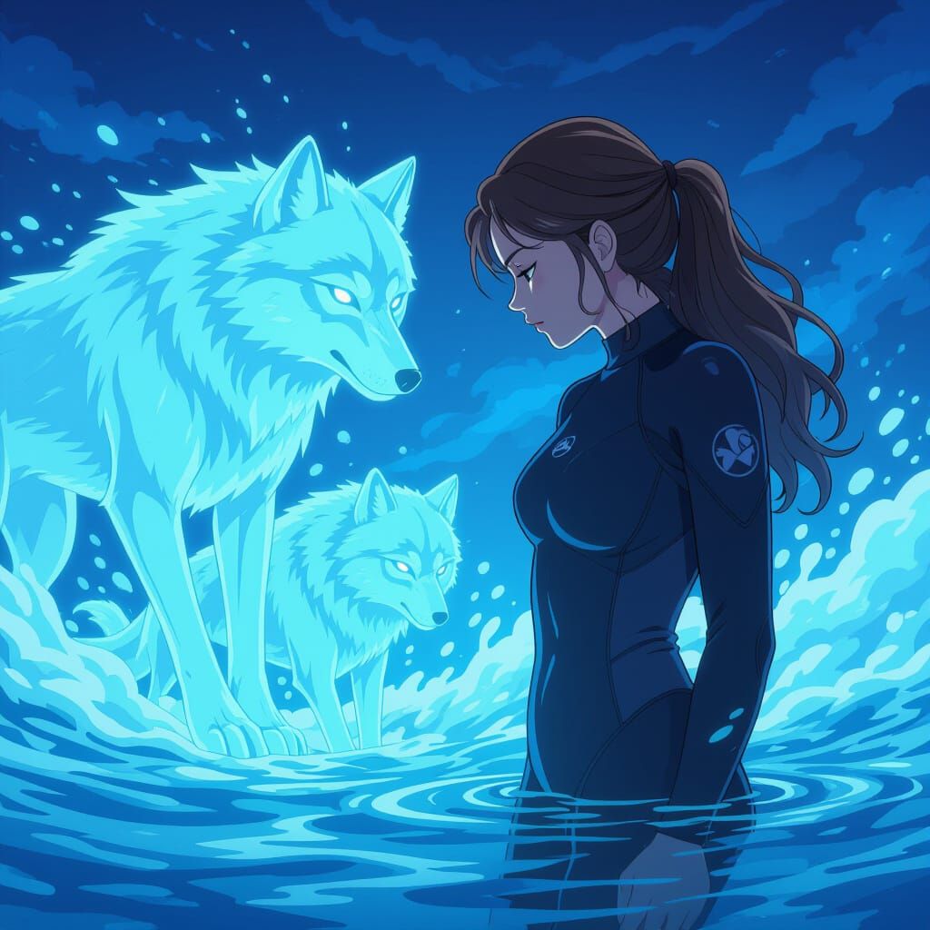 Surfer and Spectral Wolves in Manga Style