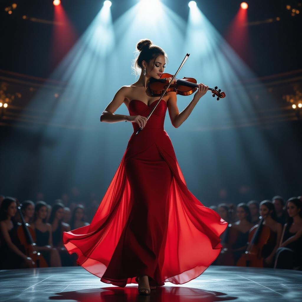 Woman in Red Dress Playing Violin Under Spotlights